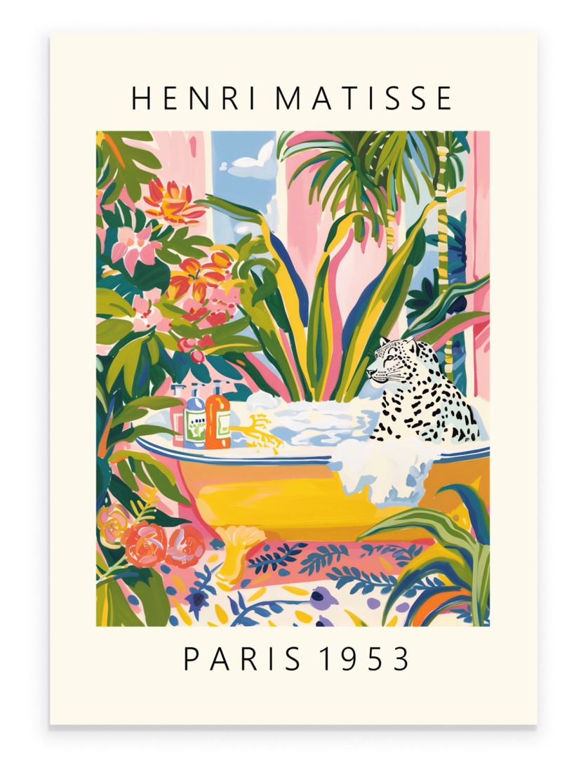 Snow leopard enjoying a bubble bath in a tropical Henri Matisse inspired setting - vibrant bathroom wall print for home decor