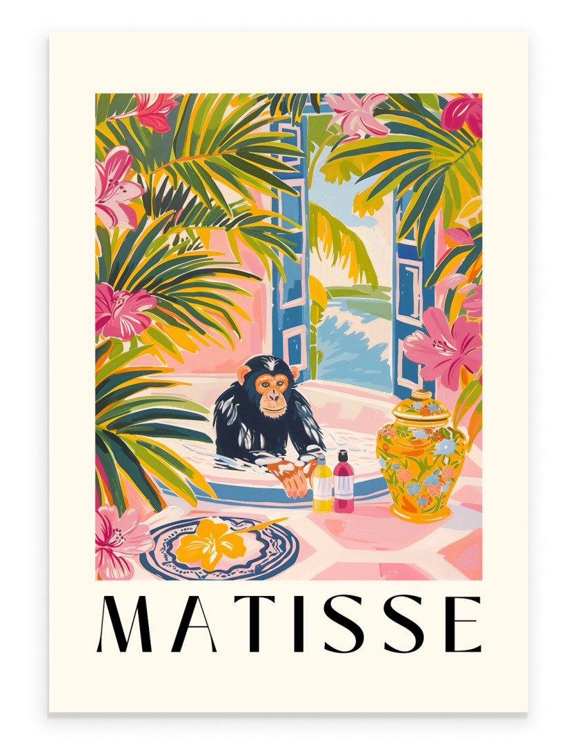 Chimpanzee enjoying a soak in a tub surrounded by vibrant plants and beach view painted in Henri Matisse inspired style - colorful bathroom print for wall decor