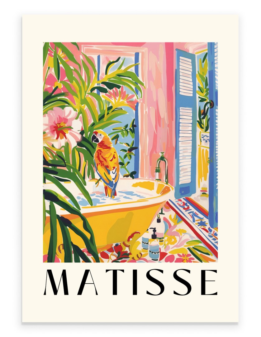 Colorful Henri Matisse inspired art print featuring a parrot perched on the edge of a yellow bathtub, surrounded by lush tropical plants and pink walls.