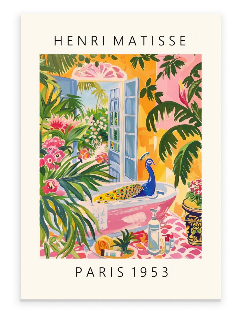 Peacock in Pink Tub – Matisse Inspired Tropical Bathroom Art – Elka Prints