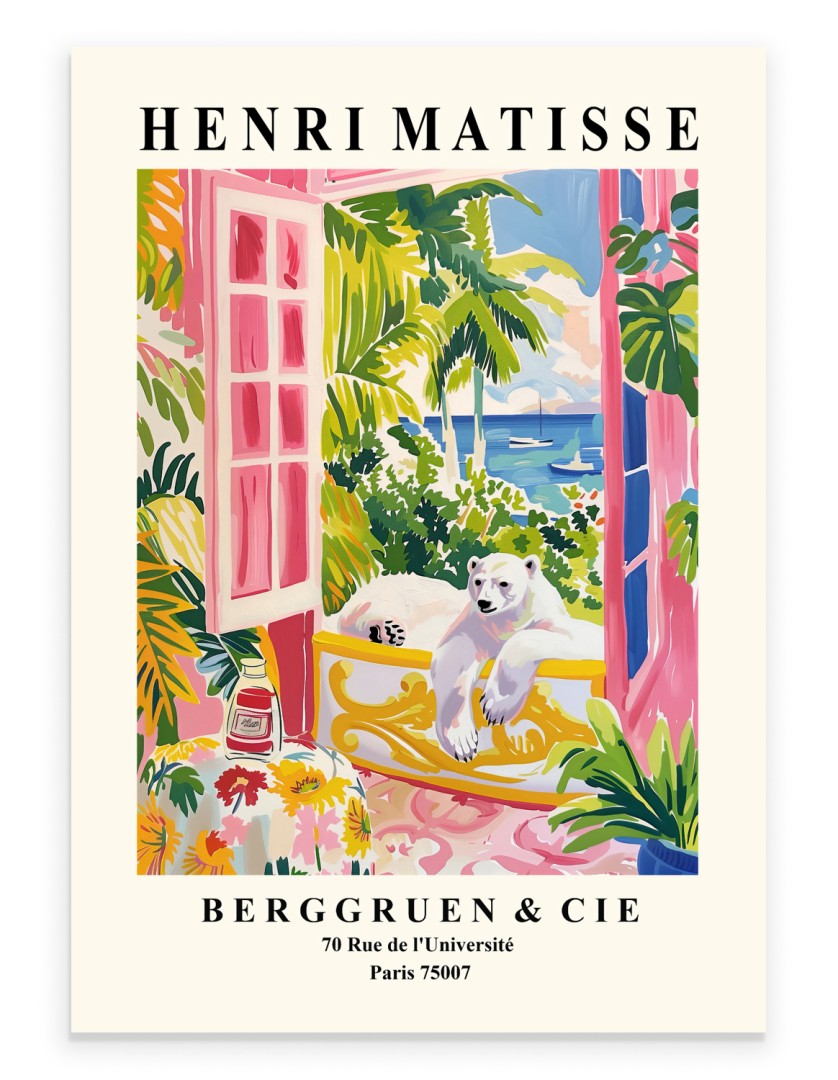 Henri Matisse inspired art print of a polar bear lounging in a tropical seaside bathtub scene.