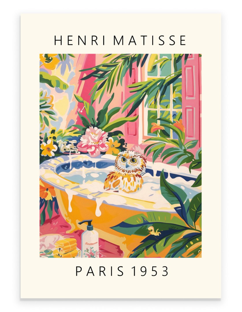 Owl in a tub Matisse style bathroom wall art.