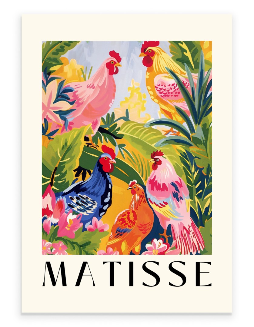 Matisse-inspired art print of colorful roosters among tropical plants.
