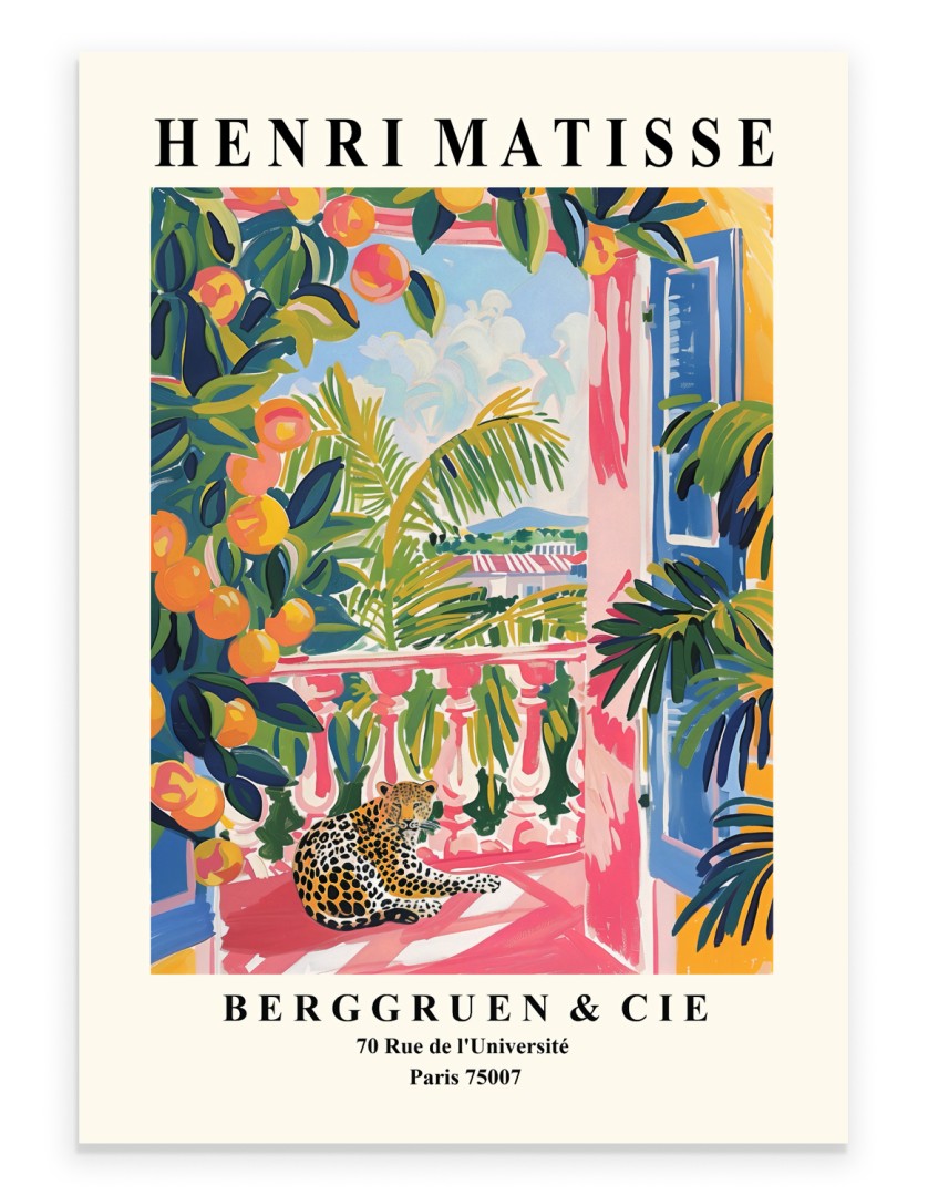 Henri Matisse inspired leopard art print lounging on tropical balcony
