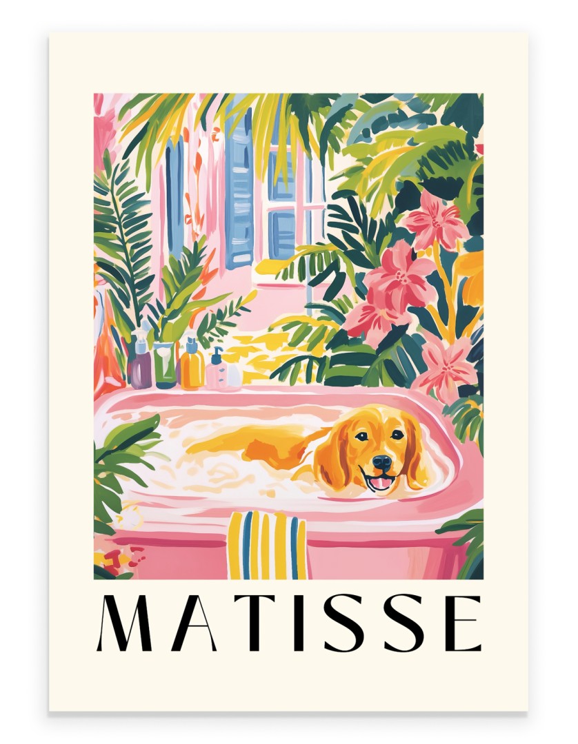 Matisse style golden retriever bathroom art print with tropical plants and pink bathtub.