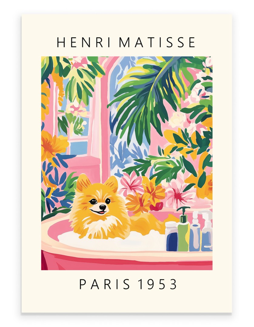 Matisse style Pomeranian bathroom print with pink tub and tropical plants.