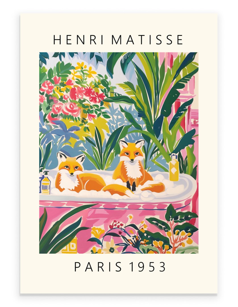 Two foxes relaxing in a tropical pink bathtub Matisse-style art print.