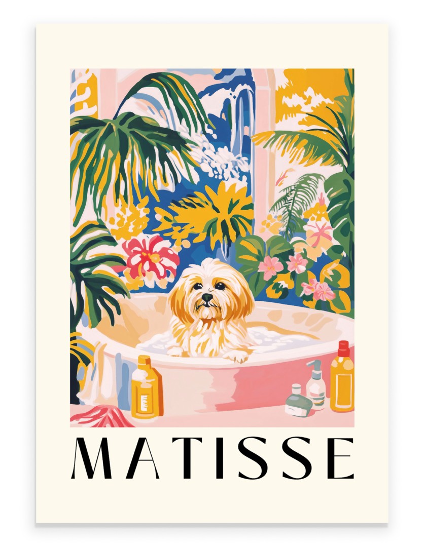 Havanese dog relaxing in tropical pink bathtub art print.