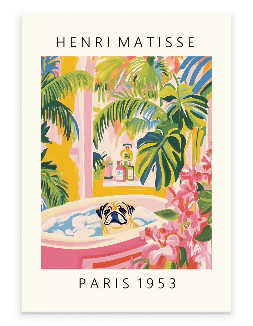 Pug in a pink bathtub surrounded by tropical plants and flowers.