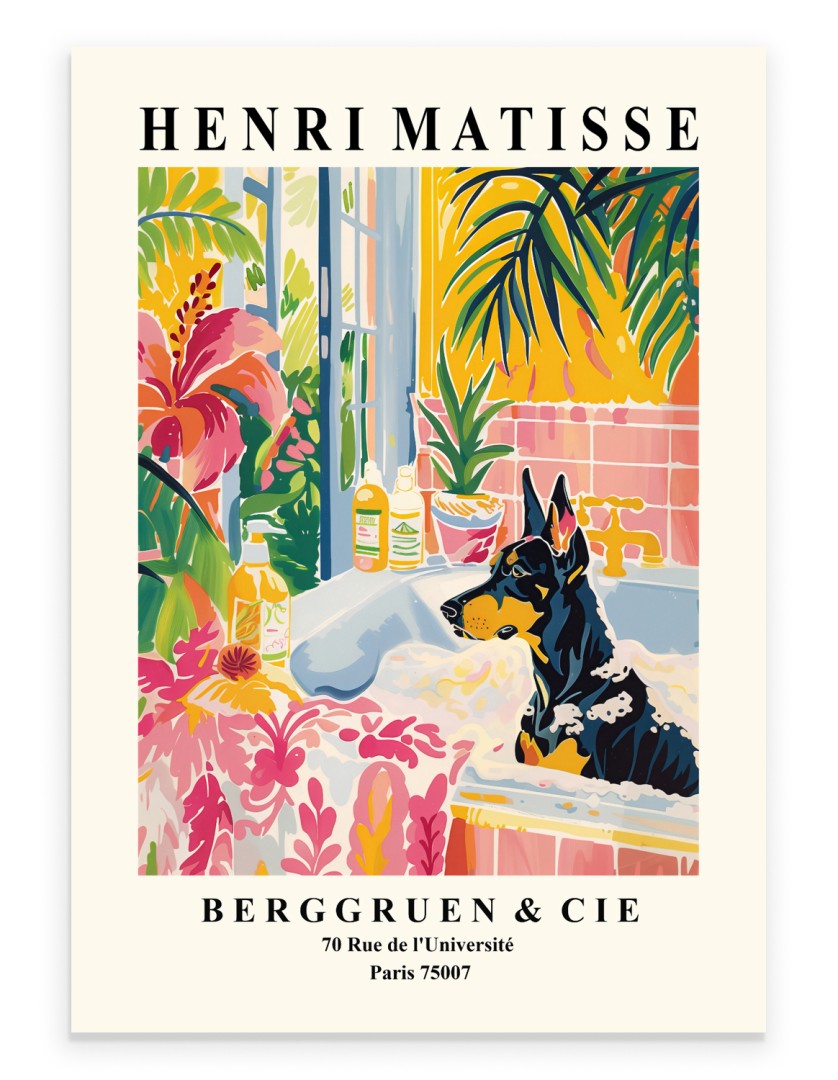 Doberman in a pink bathtub with tropical plants and flowers.