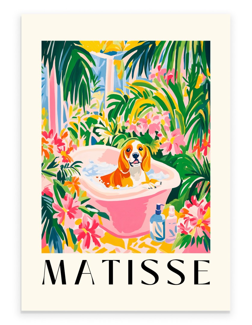 Beagle sitting in a pink bathtub with tropical leaves and flowers.