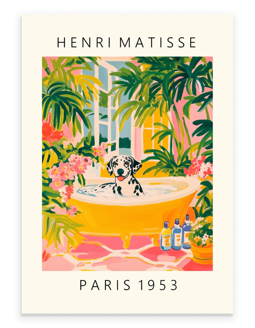 Dalmatian in a yellow bathtub surrounded by tropical greenery.