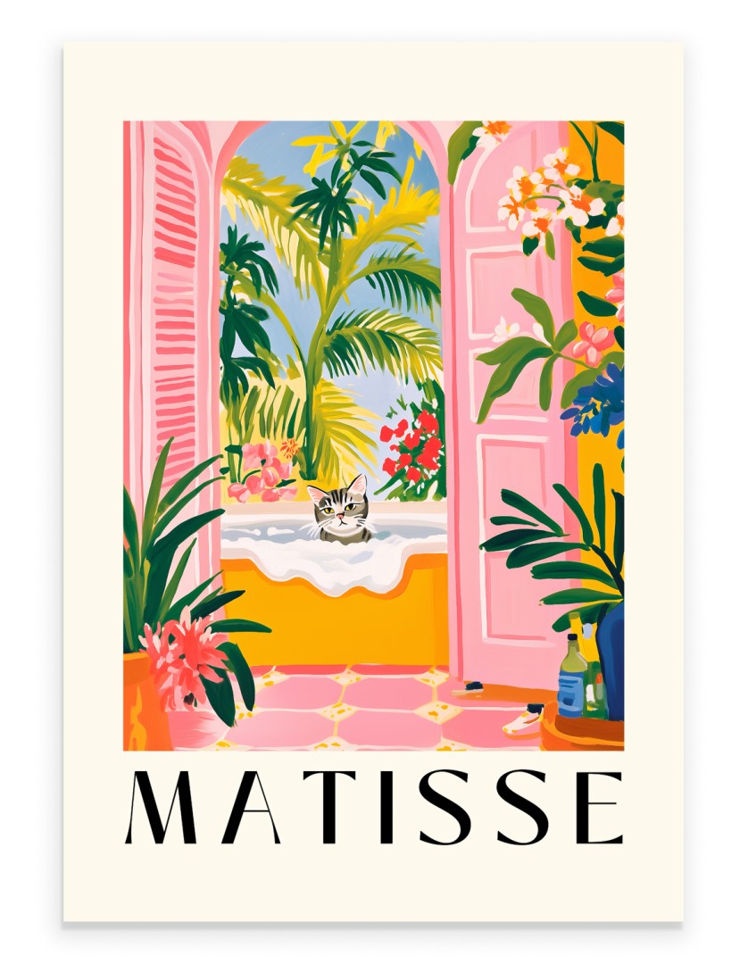Cat relaxing in a bubbly tub surrounded by tropical plants - Matisse inspired art print.