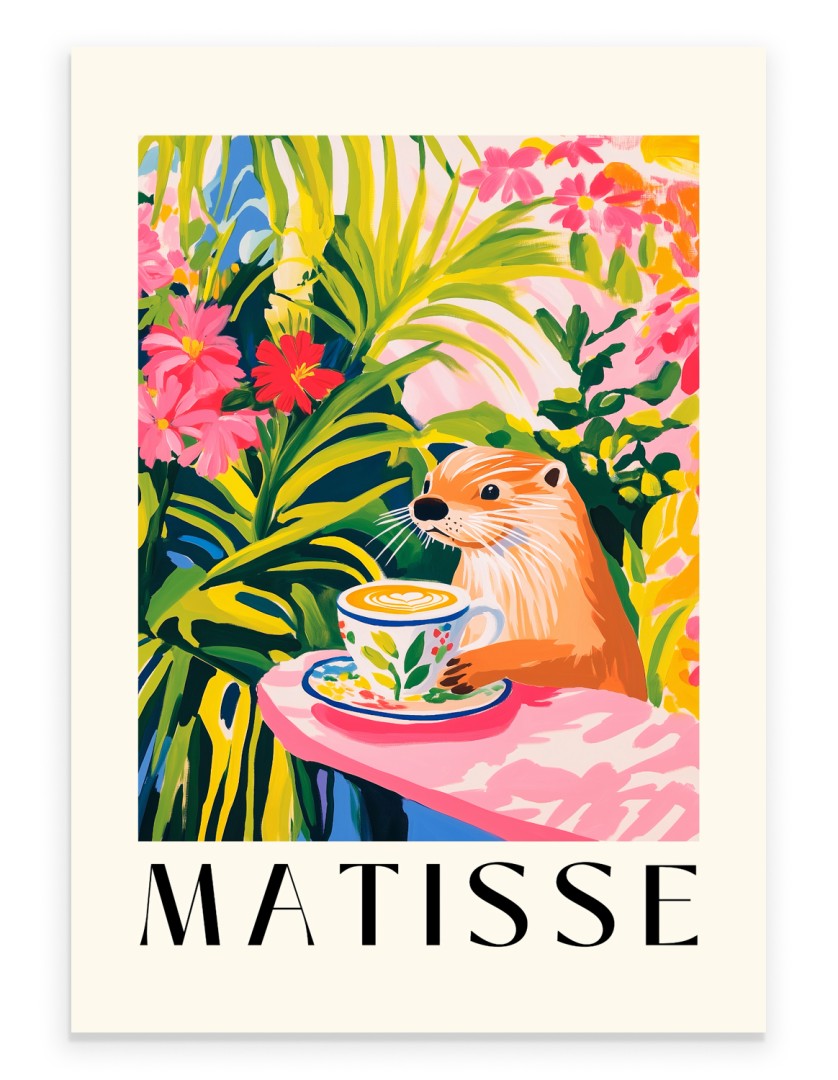 Matisse inspired otter drinking coffee tropical colorful art print