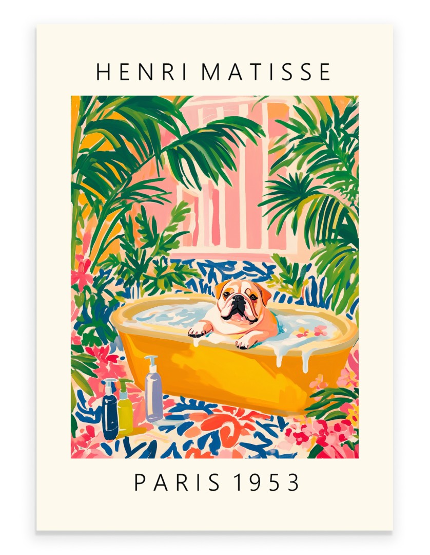 English Bulldog bathroom wall art print in Henri Matisse inspired style