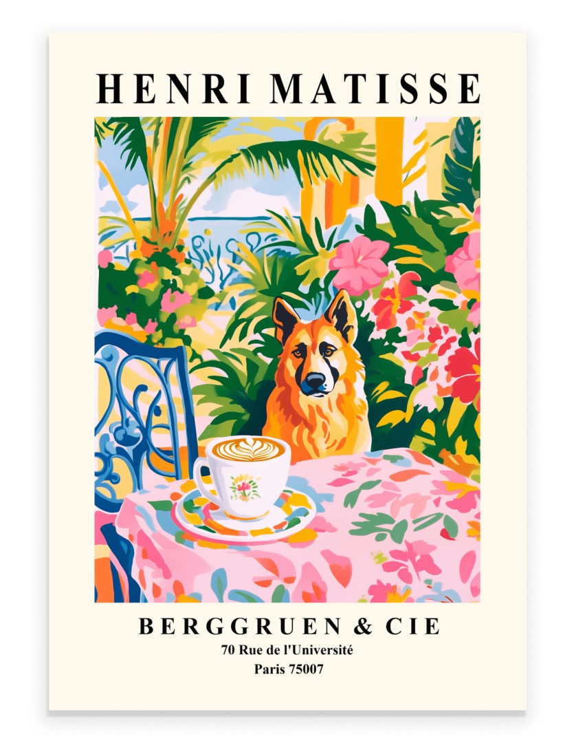 Matisse inspired German Shepherd with coffee tropical colorful art print