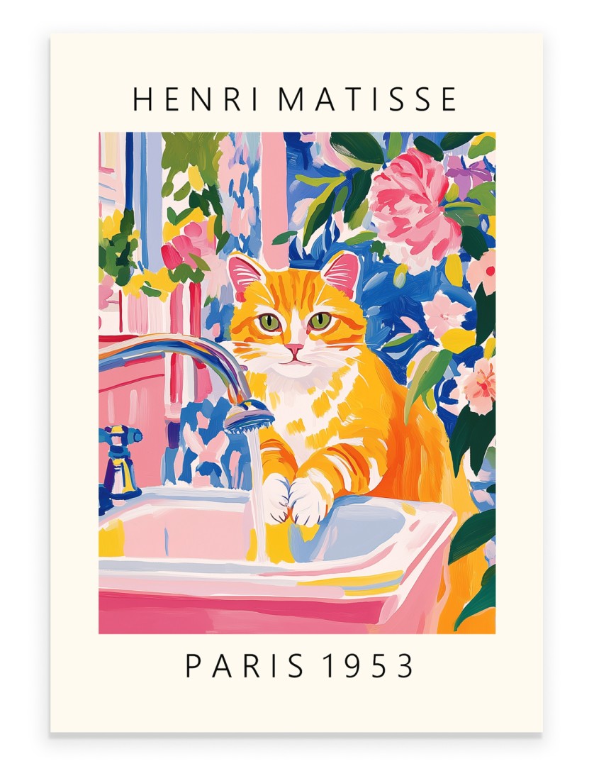 Orange cat washing paws in sink, Matisse inspired bathroom art print