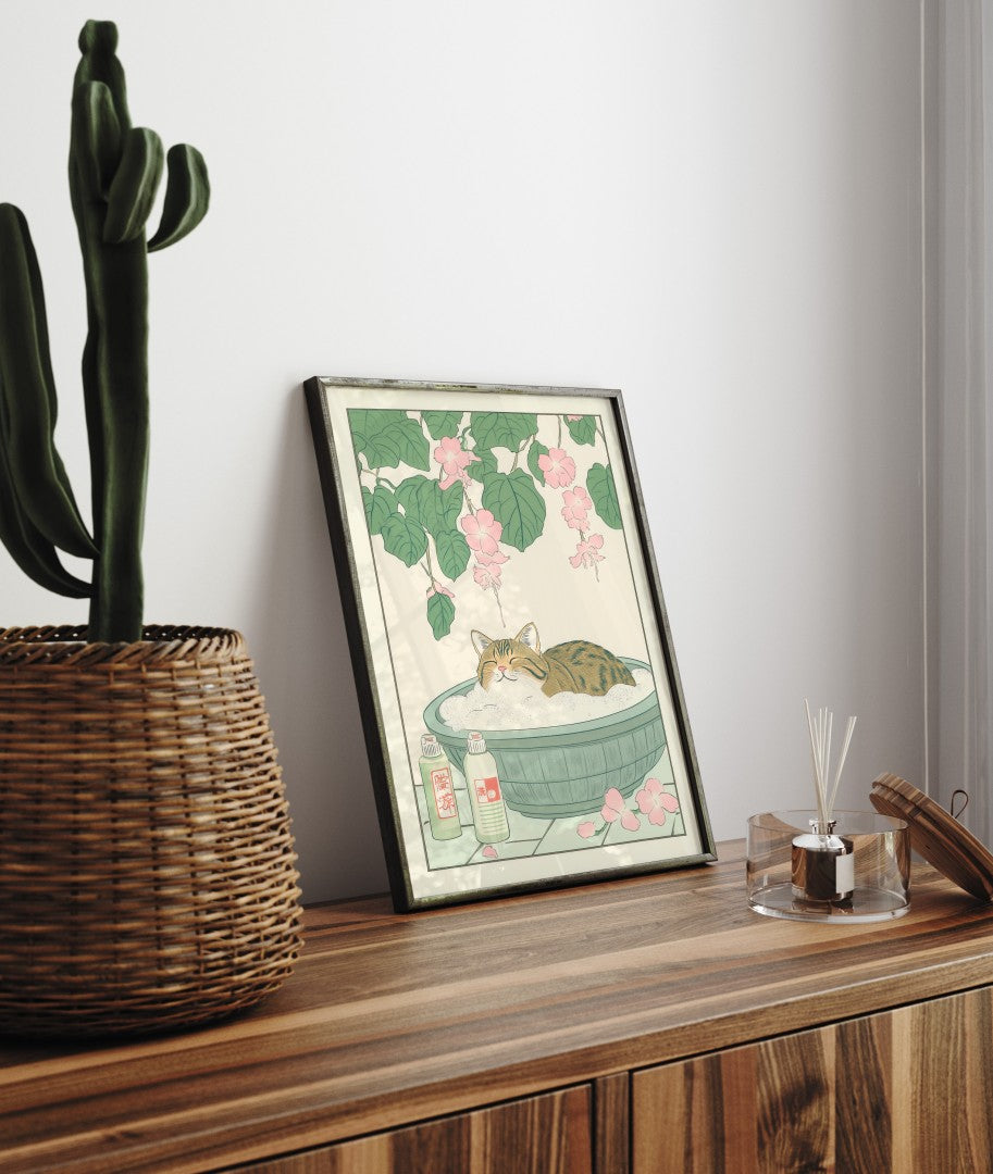 Japanese cat in bathtub print