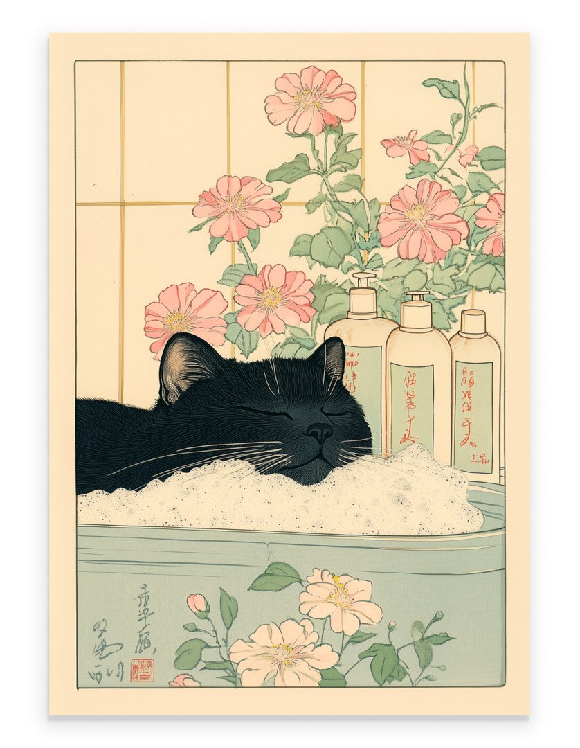 Relaxing Japanese Black Cat in Bathtub