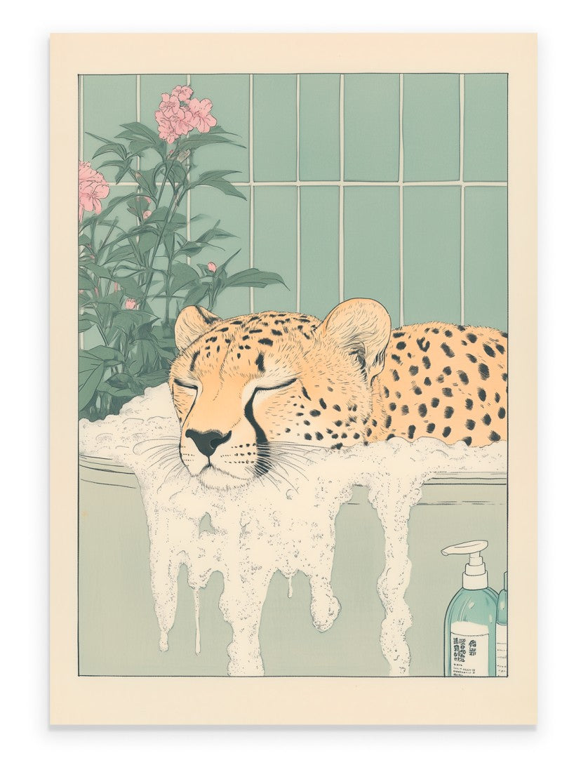 Cheetah resting in a flower-filled Japanese bath with soft natural light