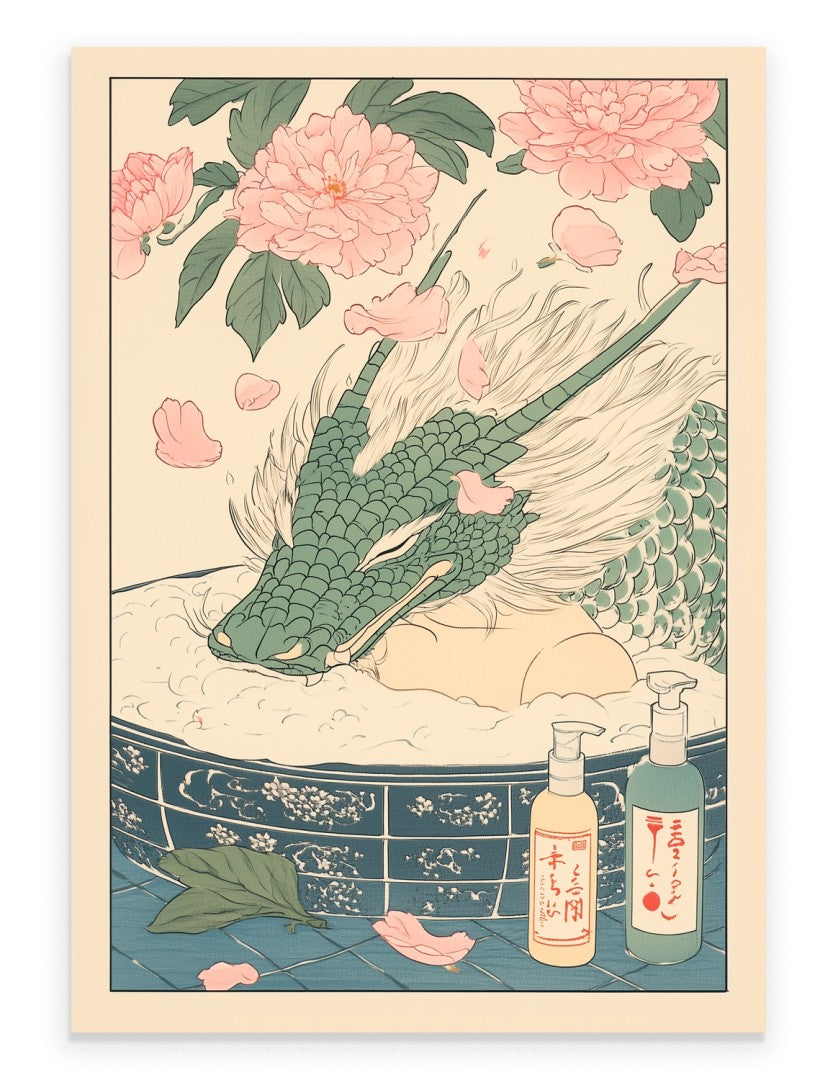 Green dragon resting in a floral Japanese bath with blossoms and soft color
