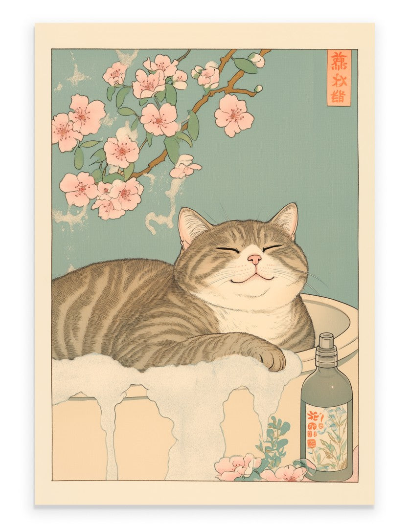 Tabby Cat Bath Print – Japanese Floral Decor – Elka Prints