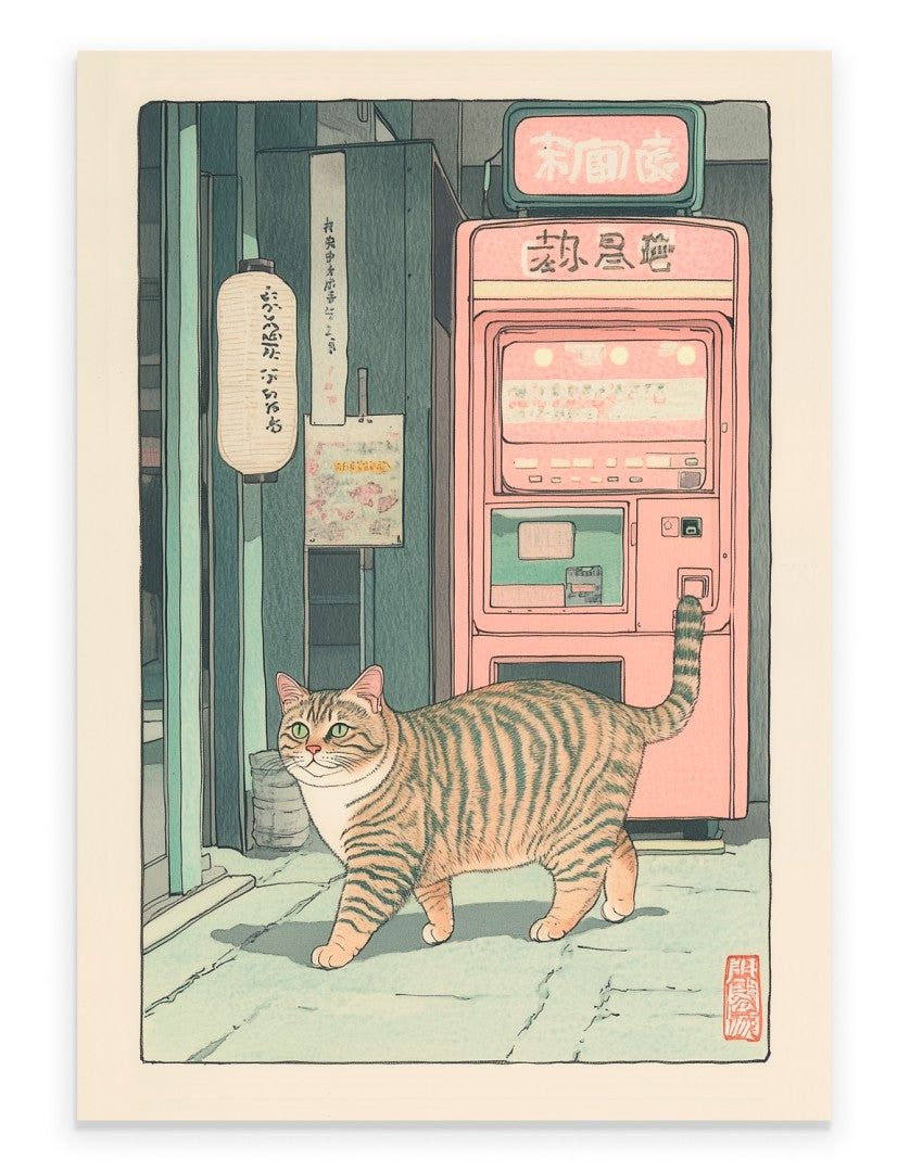 Japanese-style art print of a tabby cat walking past a vintage vending machine
