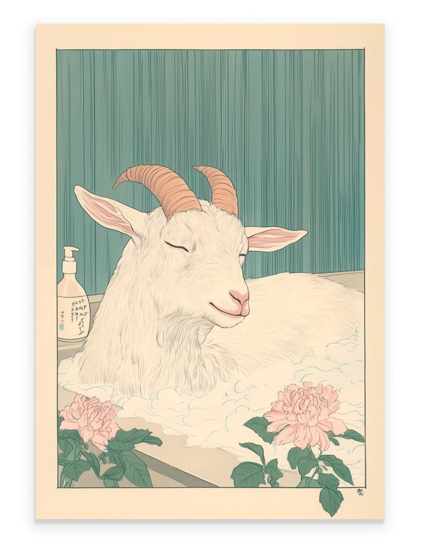 Goat resting in a Japanese floral bath with soft petals and warm tones