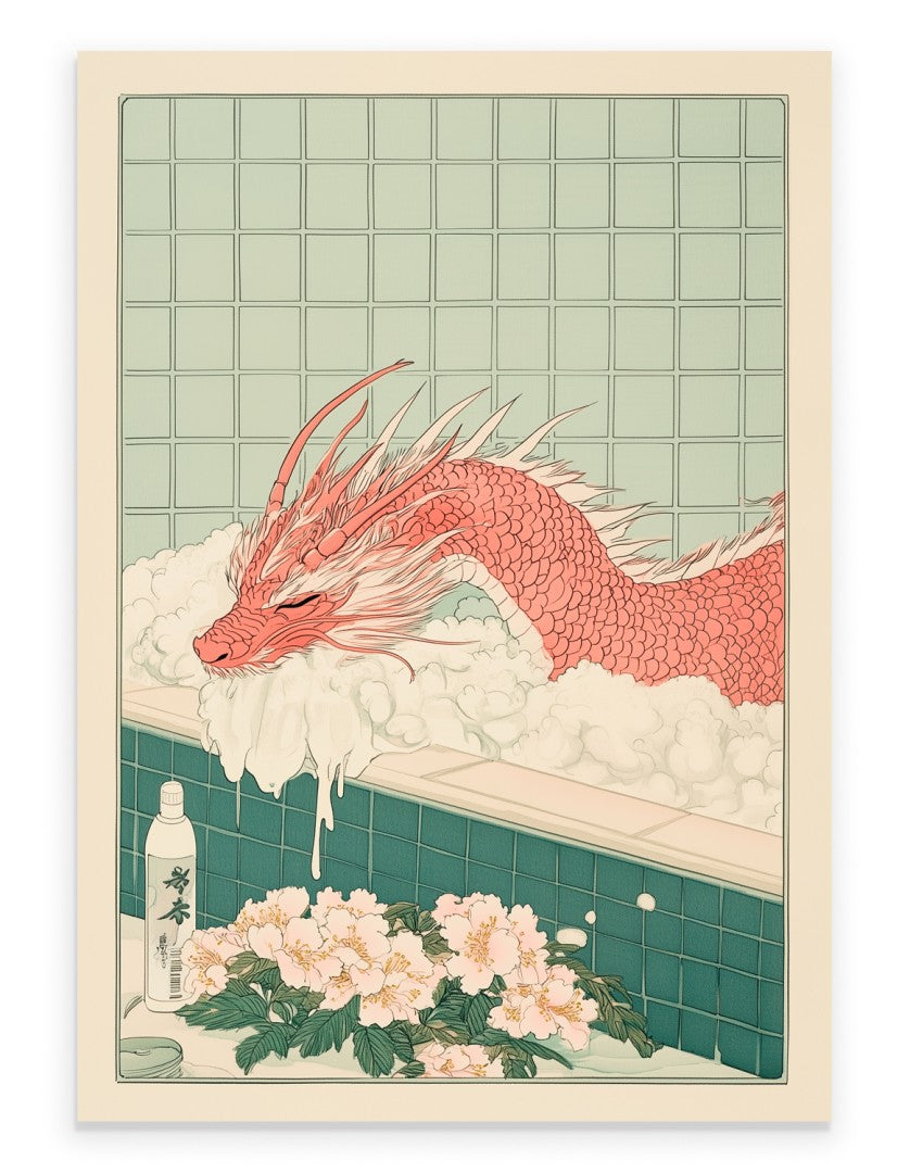 Art print of a red dragon in a bubble bath with floral details and soft tile