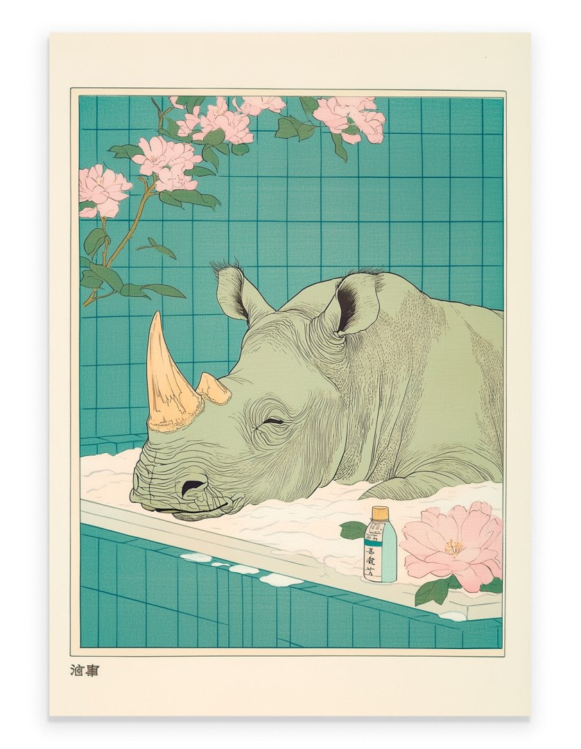 Art print of a rhinoceros soaking in a floral bath with pink flowers and blue tile