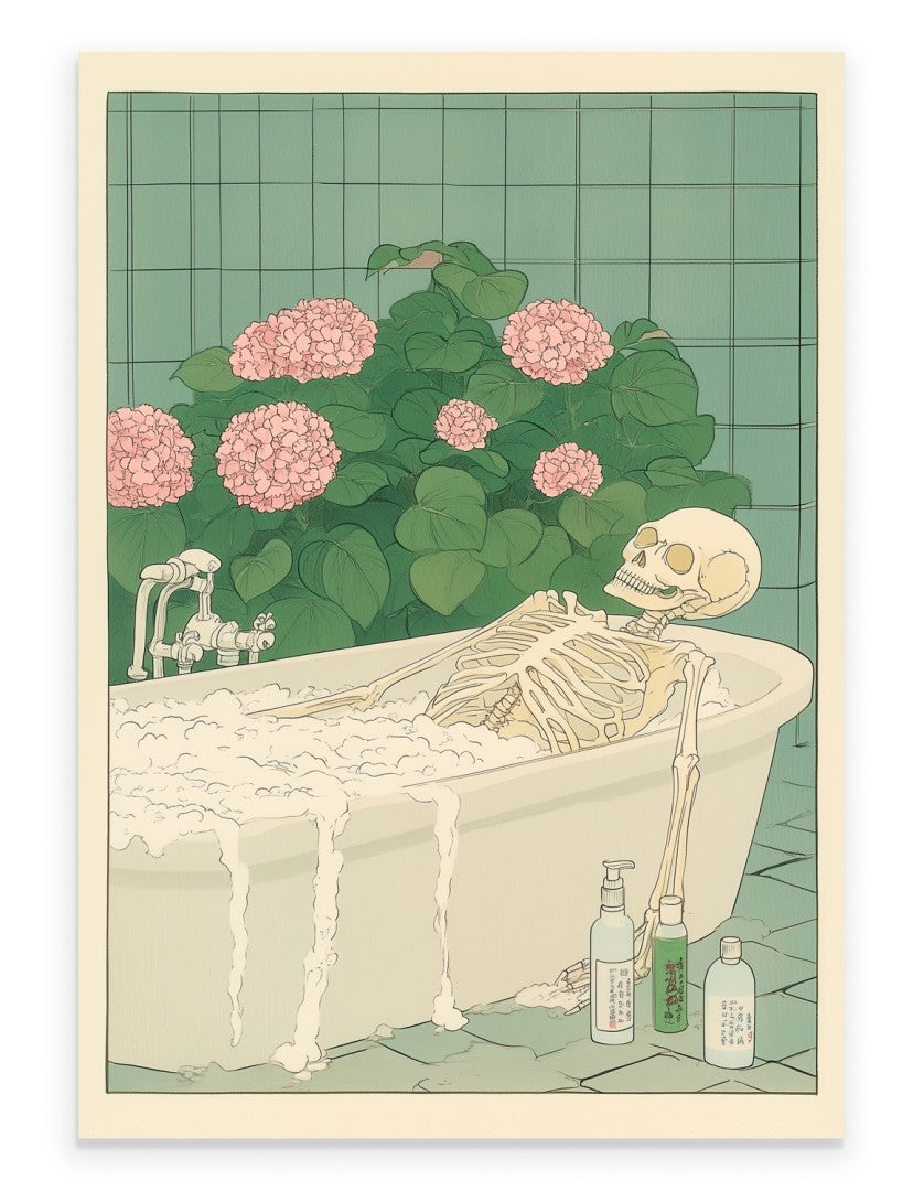 Art print of a skeleton relaxing in a bathtub with pink hydrangeas