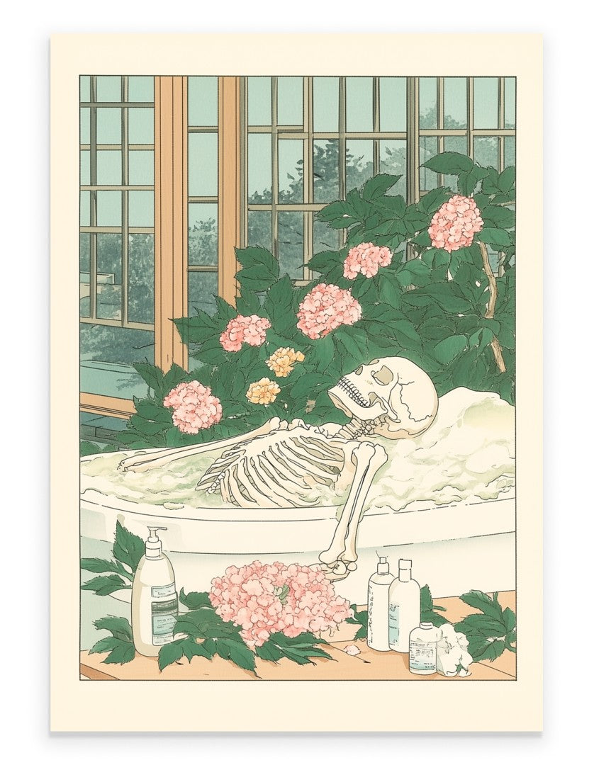 Art print of a skeleton relaxing in a bathtub with pastel hydrangeas