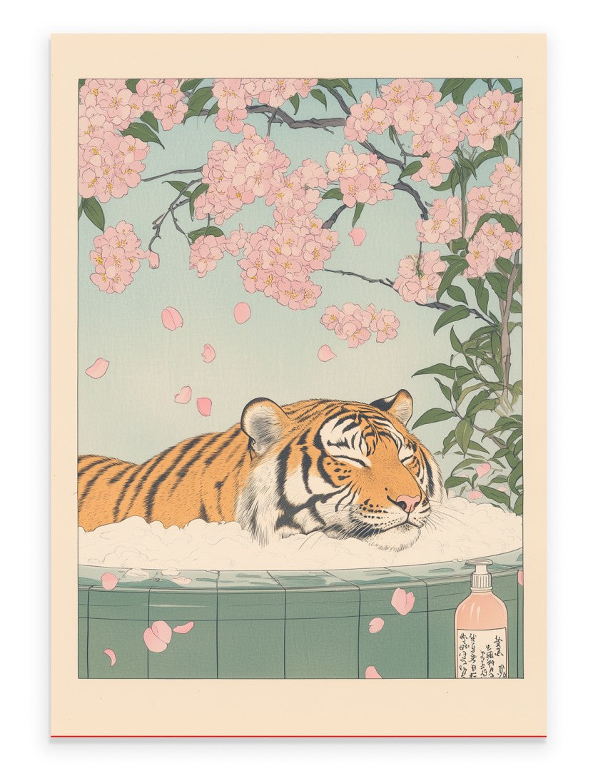 Japanese-style print of tiger bathing under blossoms