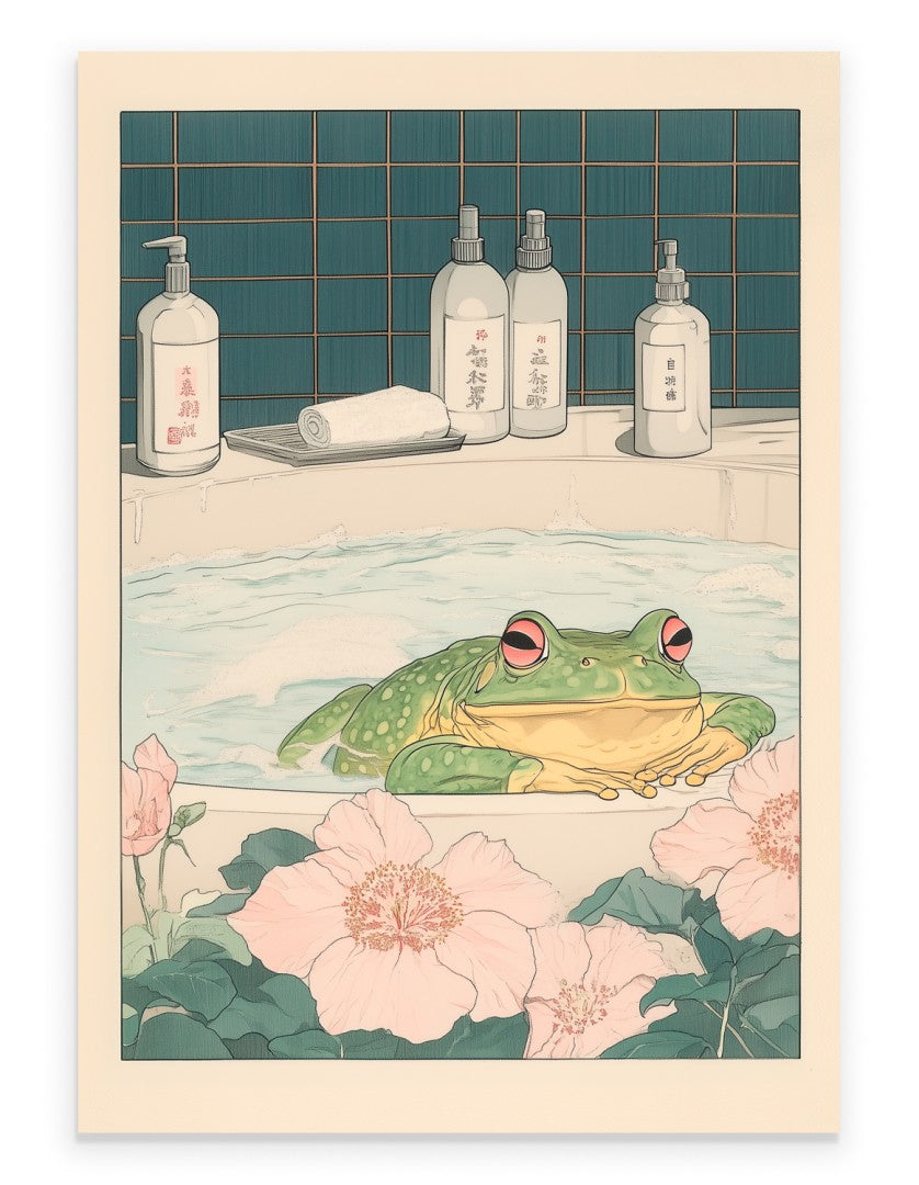 Japanese-style art print of a frog relaxing in a tub