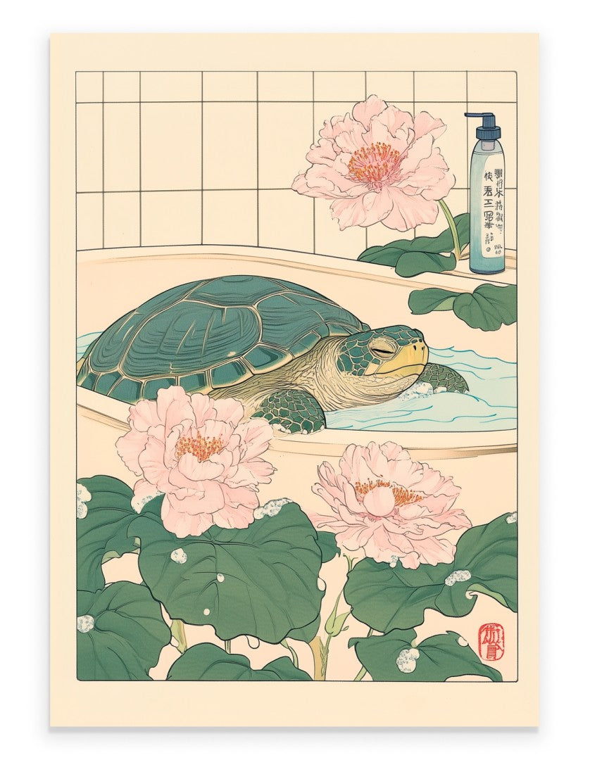 Turtle relaxing in calm bath with flowers