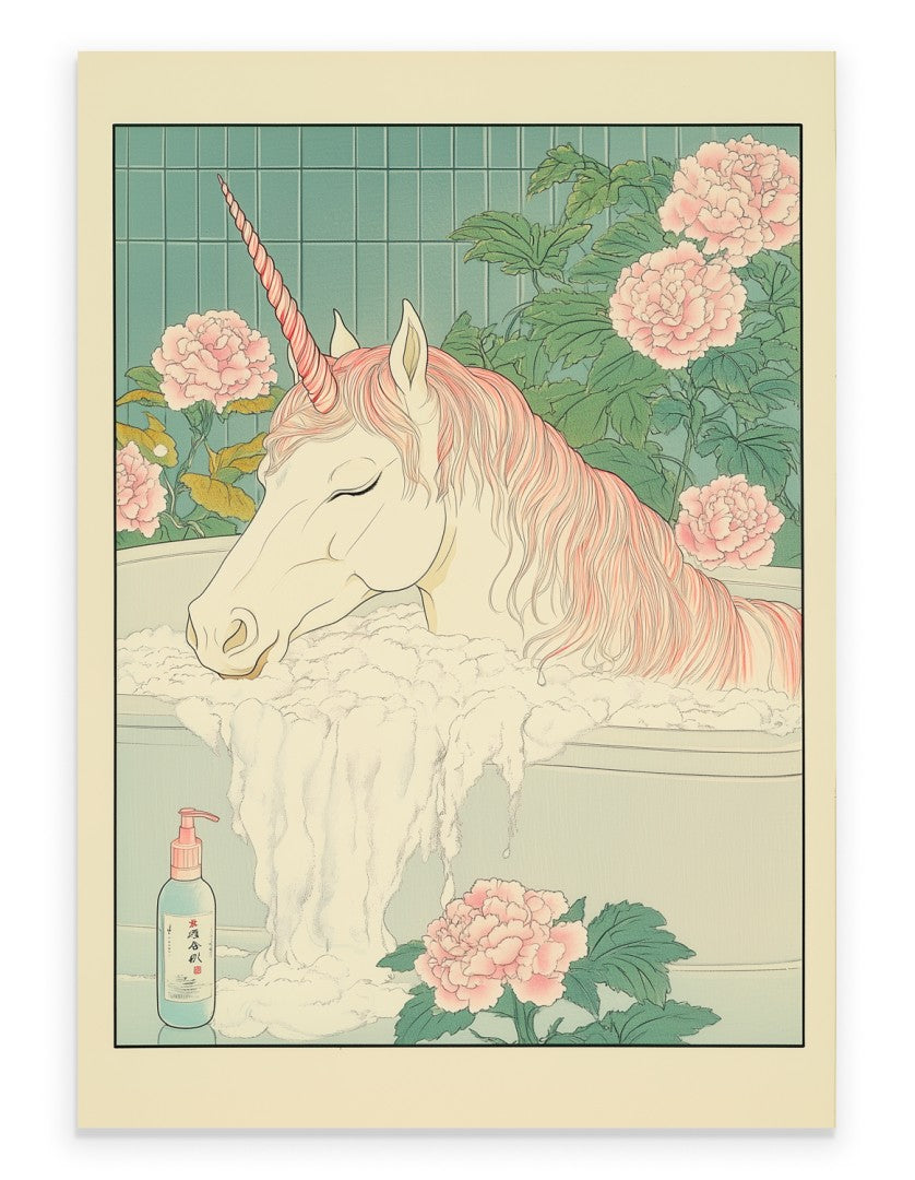 Art print showing a Unicorn soaking in a pastel bubble bath