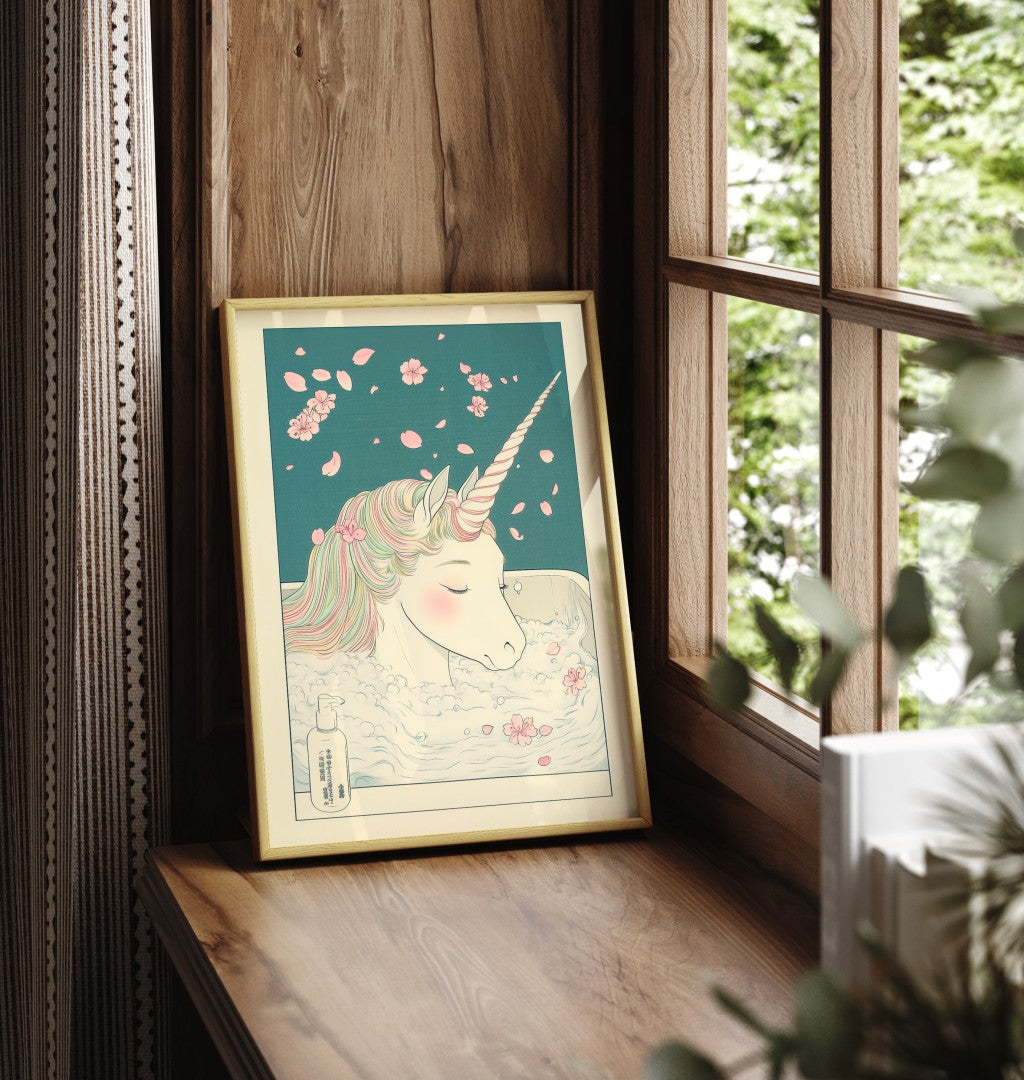 Framed art print of unicorn in tranquil bath scene