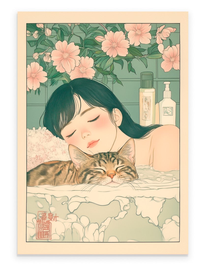 Art print of a girl and tabby cat floating side by side in a peaceful, flower-filled bath