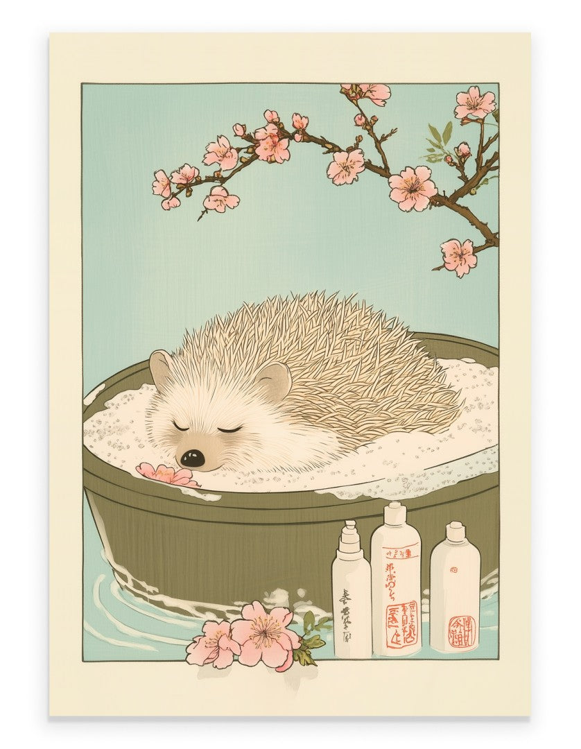 Art print of a hedgehog soaking in a wooden bath under cherry blossoms