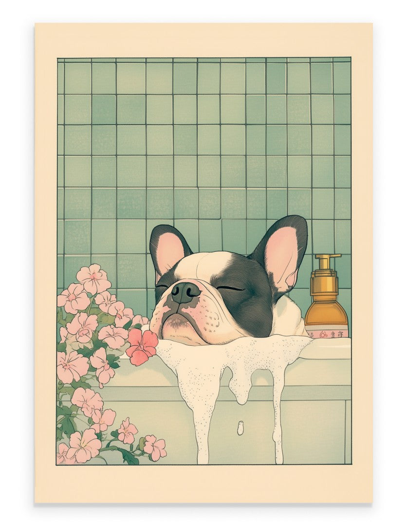 Art print of a Boston Terrier resting in a foamy bath with pink flowers