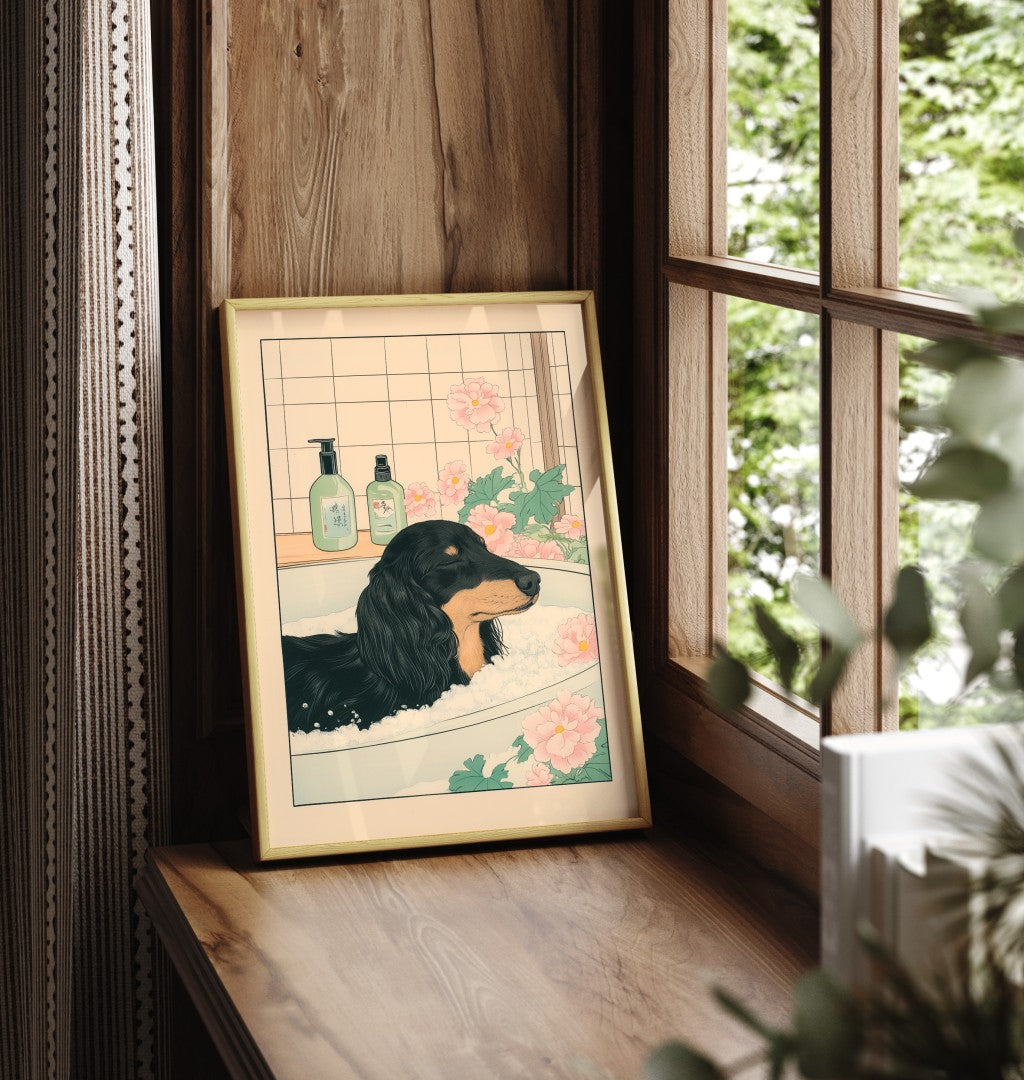 Long-haired dachshund in bubble bath with tiled wall and blossoms โ bathroom print