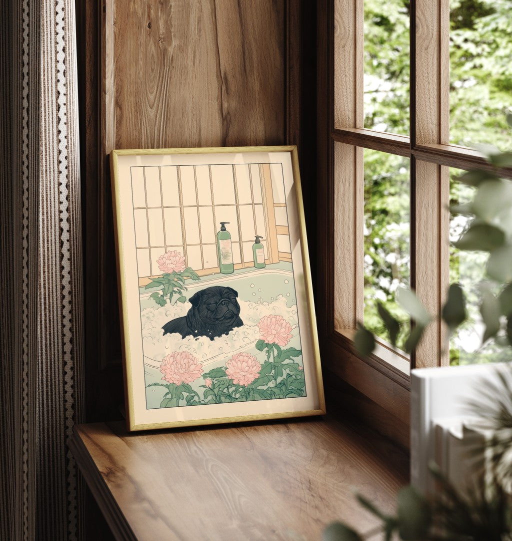 Framed art print of a black pug relaxing in a bubble bath