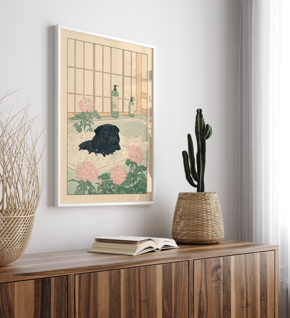 Framed art print with pug in foam bath and pink flowers – Japanese style