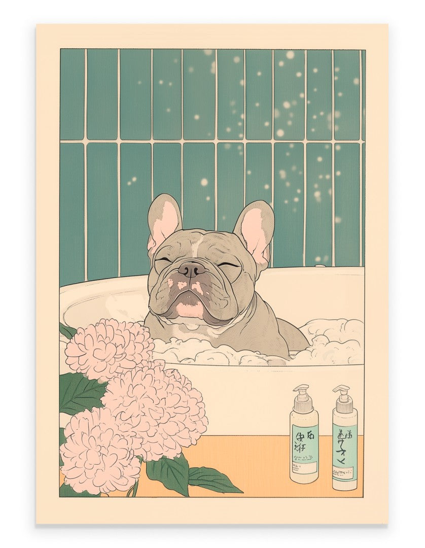 French bulldog in Japanese-style bath – art print