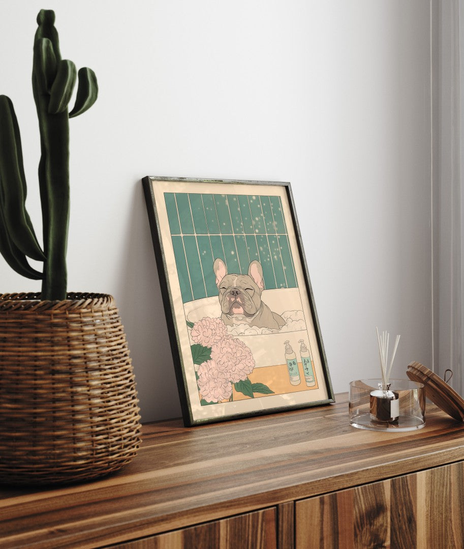 Framed Japanese-style bathroom print with French bulldog