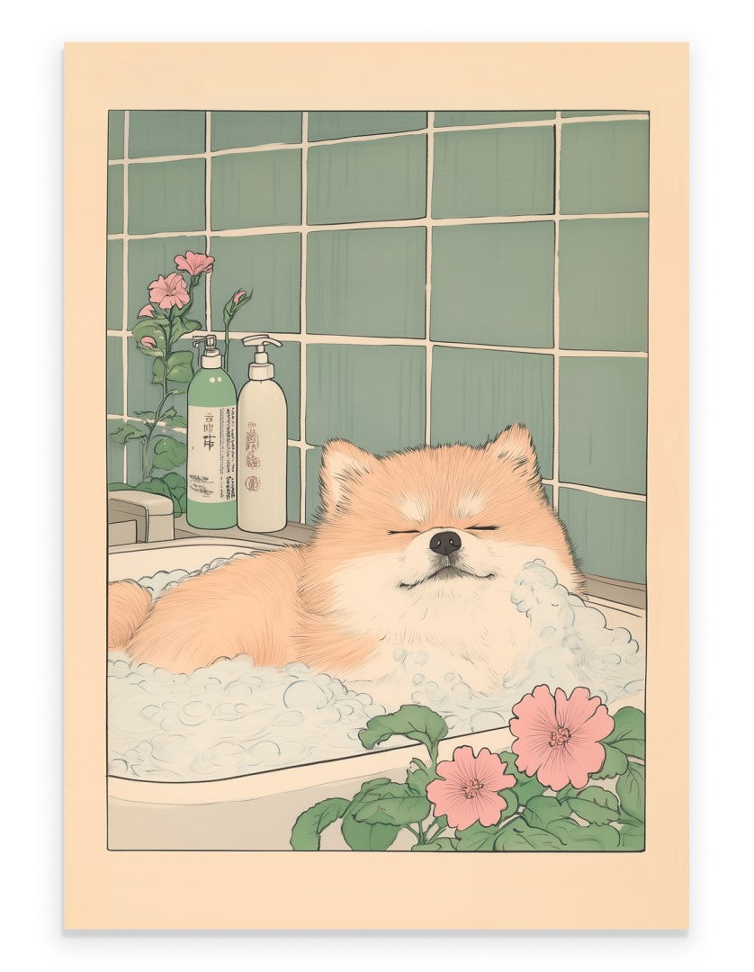 Japanese-style art print of a relaxed Pomeranian in a tiled bath with flowers