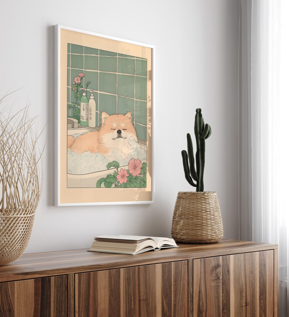 Framed print showing a serene Pomeranian soaking in a tub with floral background