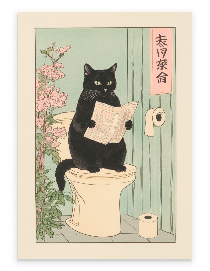 Japanese style black cat sitting on toilet bathroom art print