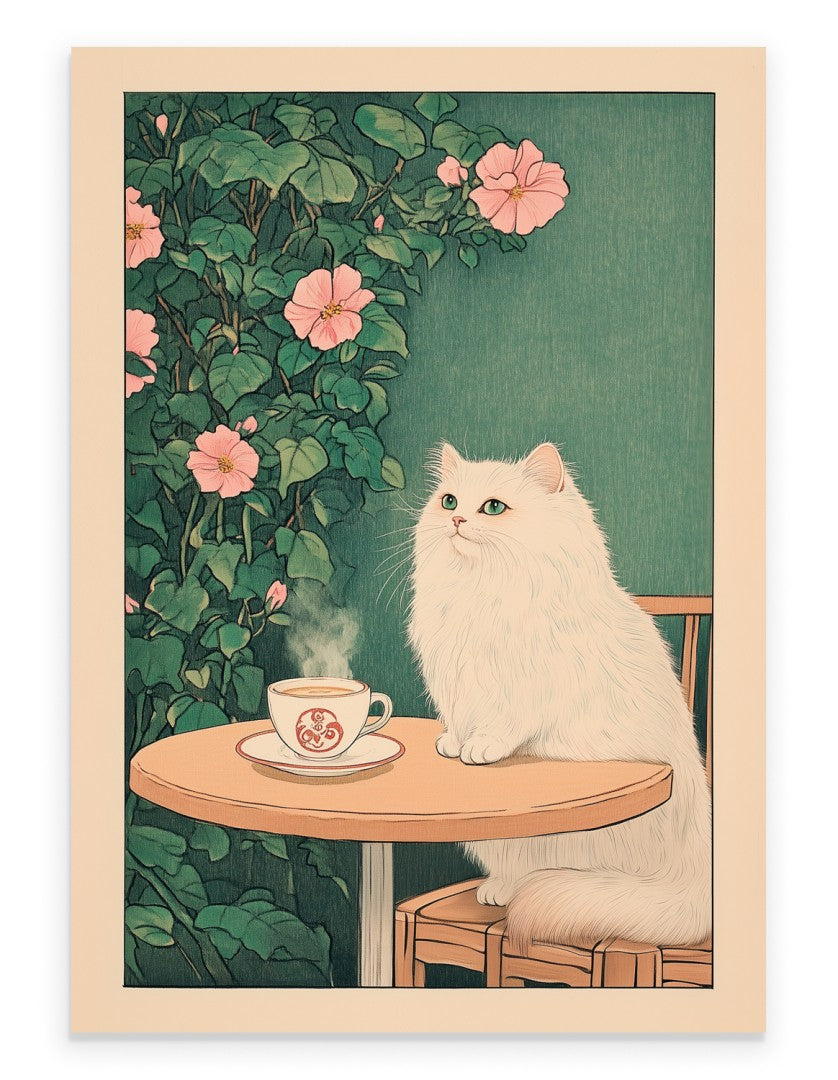Illustration of a white cat sitting at a table with a steaming cup of tea, surrounded by flowers and greenery.