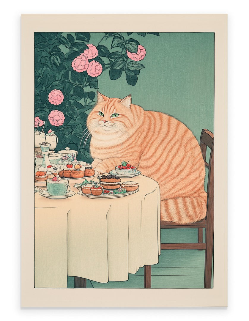 Framed wall art of orange tabby cat sitting at an afternoon tea table